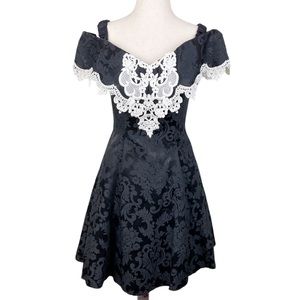 Gunne Sax Vintage 80s Gothic Dress Black Jacquard White Lace Off Shoulder 7/8